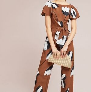Anthropologie Eva Framco Miranda Jumpsuit Floral Size 2 Brown Black White Pocket